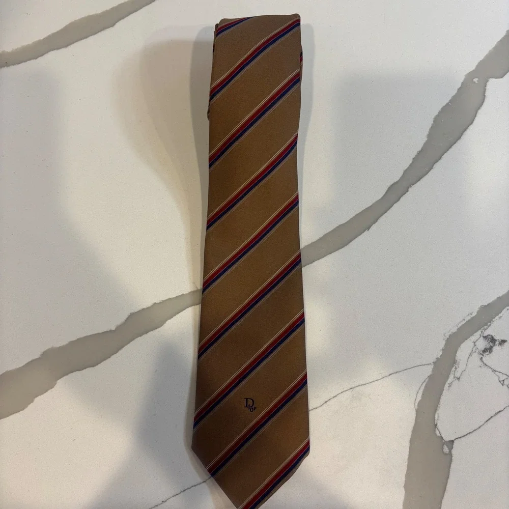 Christian Dior Mens Silk Tie Tan Red Navy Blue Striped Logo Necktie